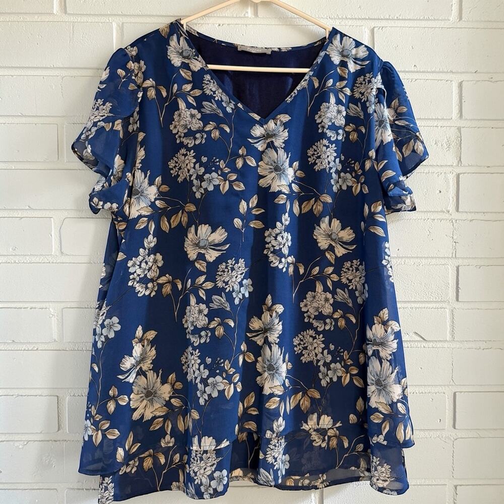 Furnex Floral Chiffon Blouse XXL Blue V Neck Ruffle Sleeve Layered Hem